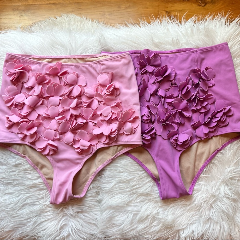 2 Pairs Kortni Jeane 3D Flower Floral Swim Pink Purple High-Waisted Bottoms